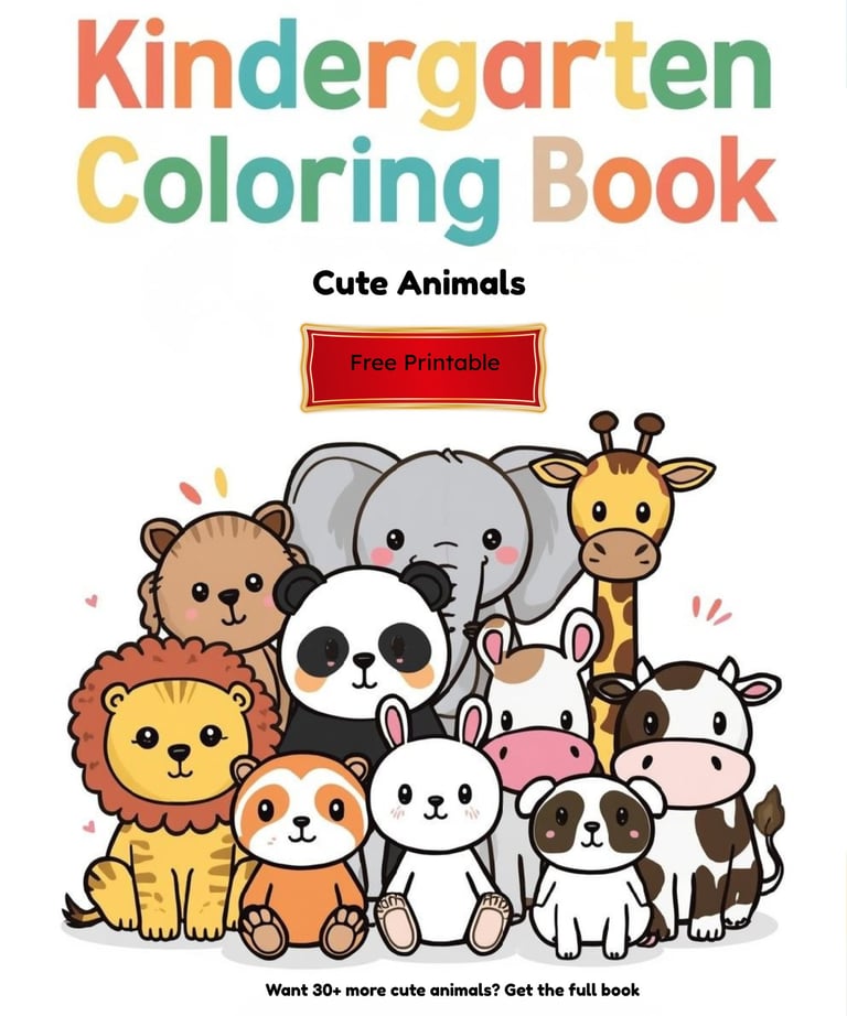 Kindergarten coloring book cover featuring a cute panda, lion, and other animals as a free printable.