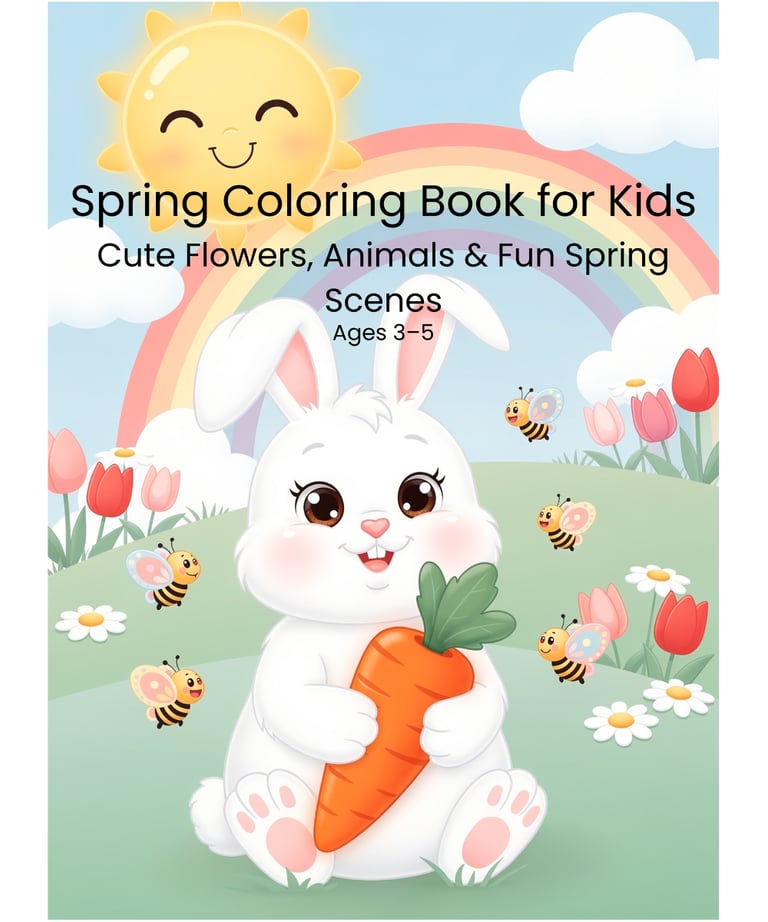 Spring coloring book for kids featuring a cute white bunny holding a carrot with a rainbow and sun.