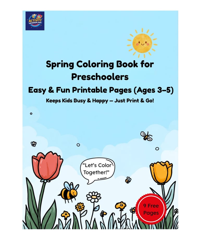 Cover of a Spring Coloring Book for Preschoolers featuring printable pages with flowers, bees, and a sun.