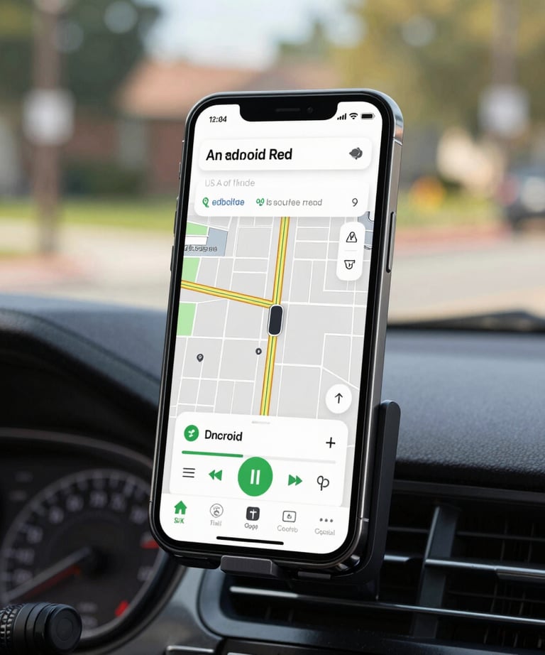 An Android smartphone in a car mount showing a clean, high-contrast GPS navigation app. Afternoon light in a US city suburb.