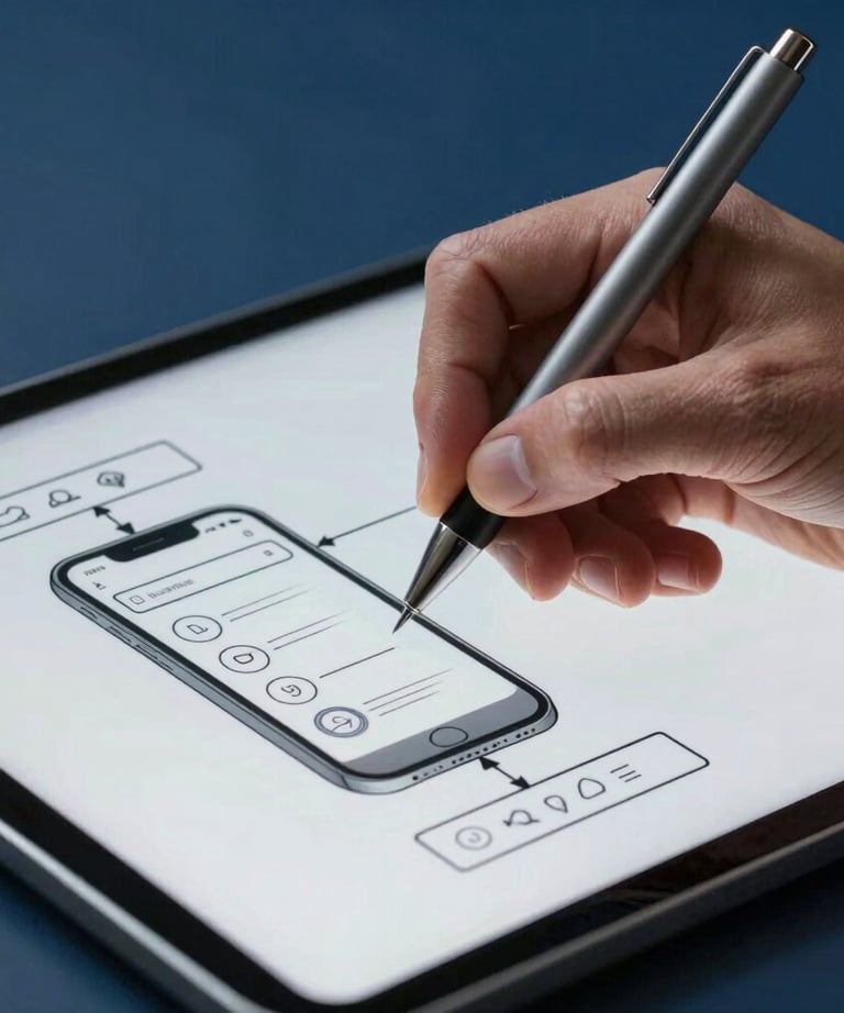 Macro shot of an engineer's hand using a digital pen to sketch a mobile app flowchart on a tablet. Oxford Blue background, crisp lighting.