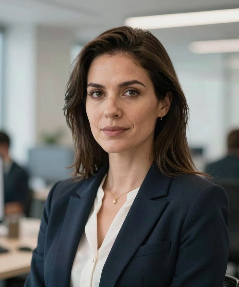 A professional portrait of a woman in a tech-focused North American office, looking confidently at the camera. Soft, high-key lighting.