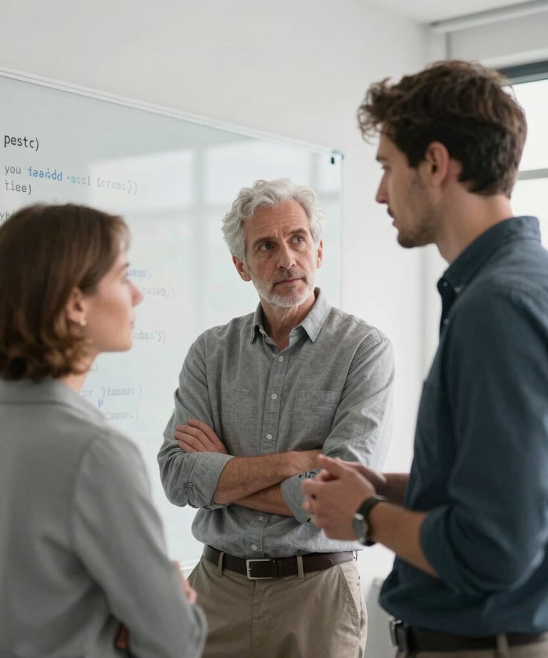 A candid photograph of two engineers discussing code in front of a whiteboard in a bright, modern office. Platinum and Payne's Grey tones dominate.