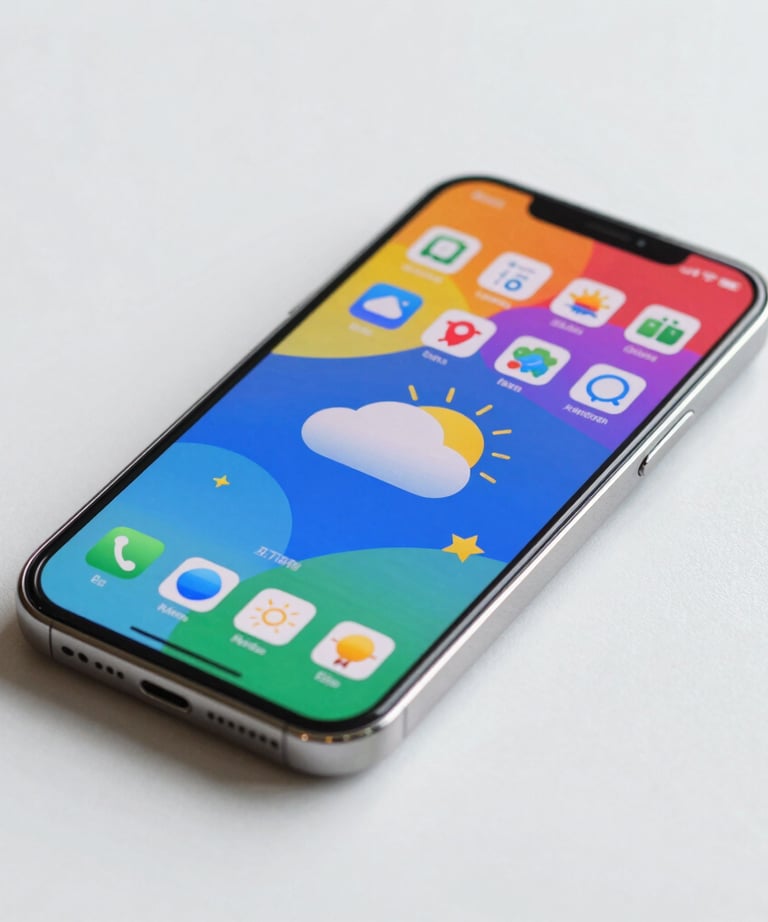 A close-up shot of an Android phone displaying a bold, colorful weather app with playful icons. Set against a clean, Platinum-colored surface in a North American studio.