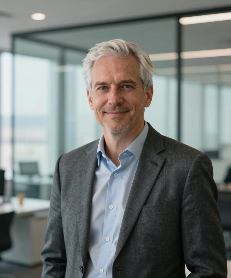 Portrait of a technical project lead in a modern glass-walled office in San Francisco. Professional, approachable demeanor. Soft Platinum and Payne's Grey lighting.