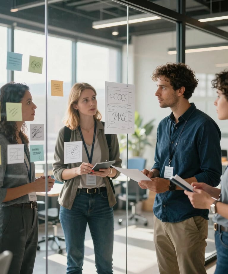 Action shot of a creative team brainstorming in a sun-drenched North American innovation hub. Sticky notes and sketches on a glass wall. Oxford Blue and Payne's Grey accents.