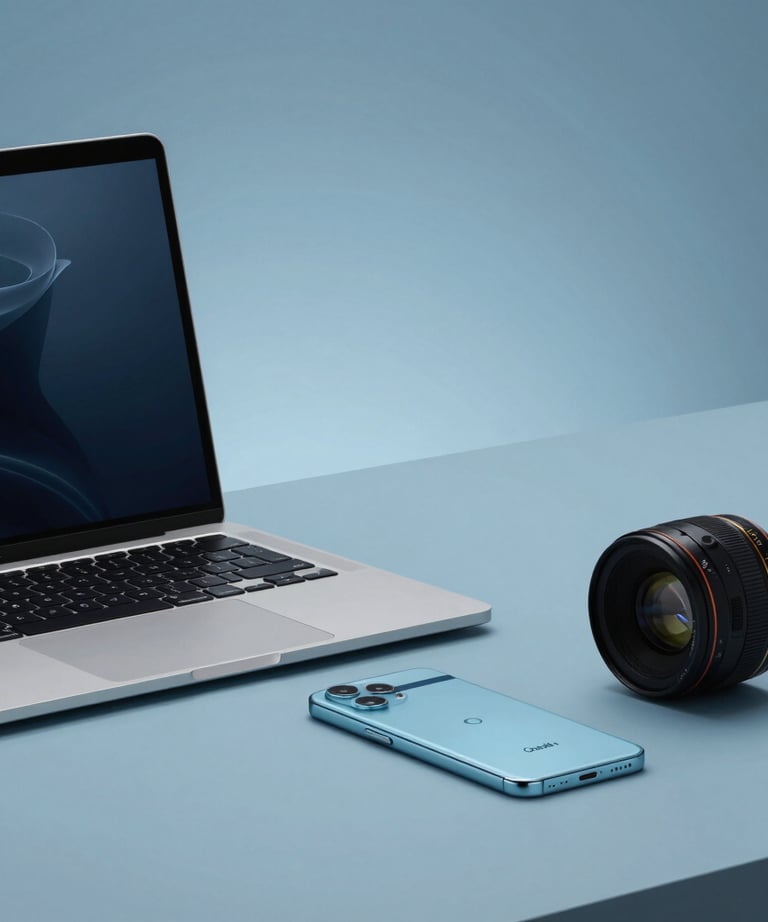 A minimalist workspace featuring a high-end laptop and a Google Pixel phone. Soft Silver Lake Blue and Oxford Blue lighting. Modern professional vibes.
