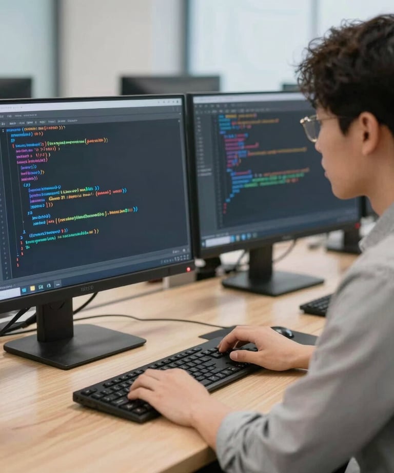 Close-up of a developer coding an AI-driven mobile app on a sleek laptop.