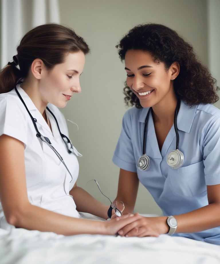 A caring nurse gently assisting an elderly patient in a cozy home environment.