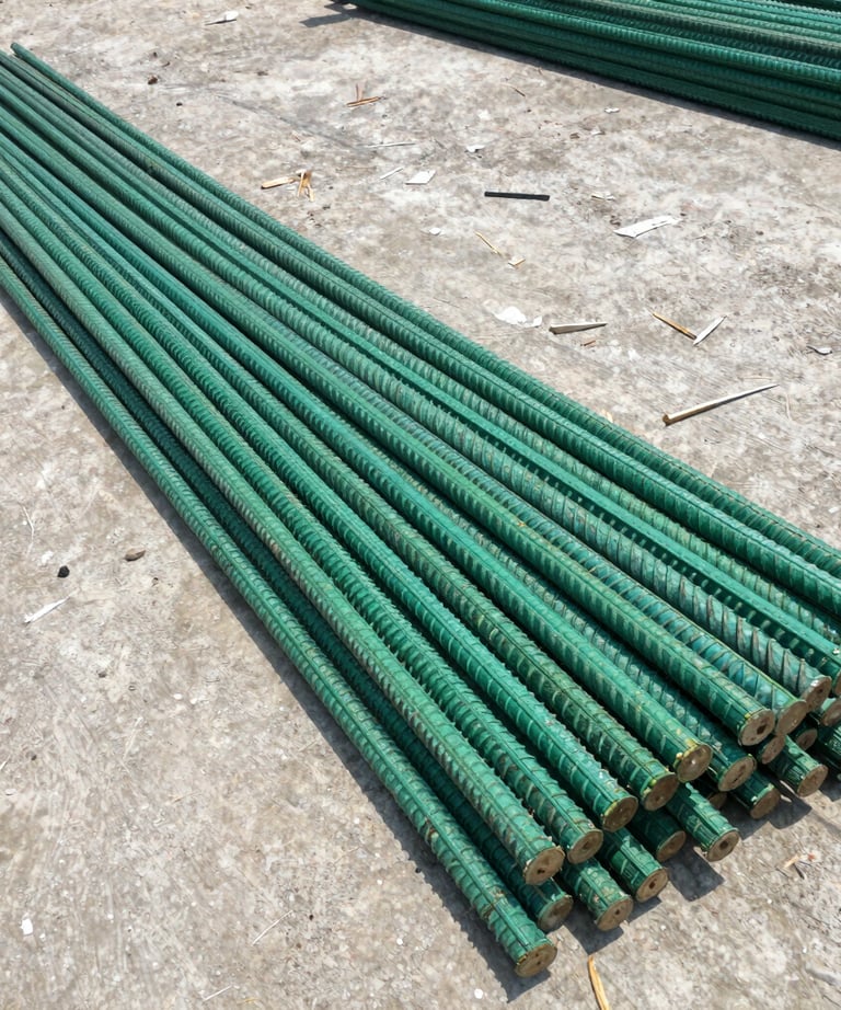 Side-by-side comparison of GFRP rebars and traditional steel rebars highlighting corrosion resistance.