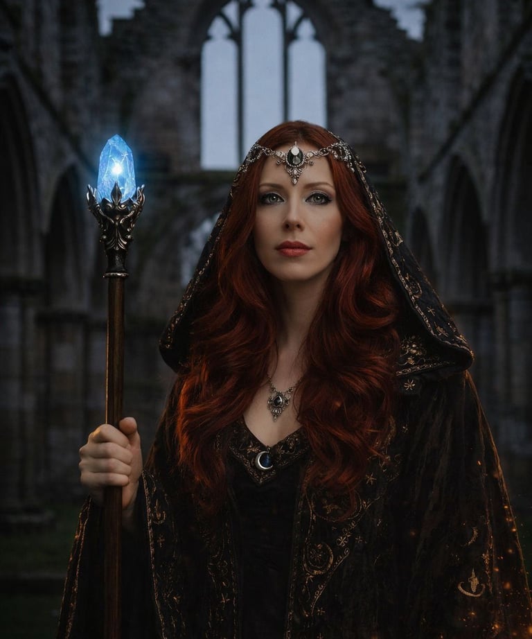 Rainie appearing in a hooded cloak holding a glowing blue crystal staff in a gothic ruin.