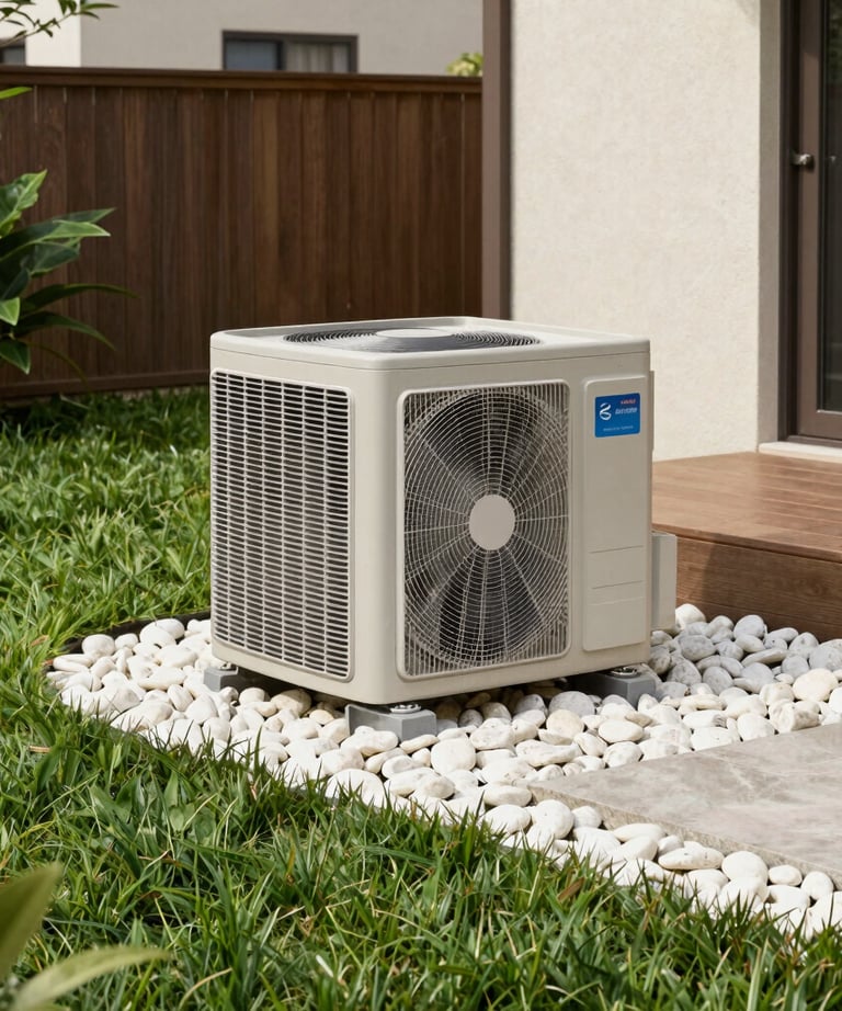 A beautiful residential backyard patio in the United States with a modern air conditioning condenser unit cleanly installed among decorative white stones and lush green grass.