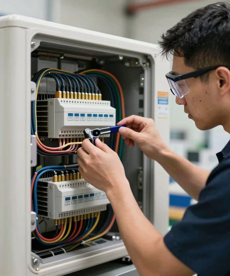 A technical specialist in safety glasses carefully checking electrical circuits and wiring inside a modern central cooling unit in a domestic workshop.
