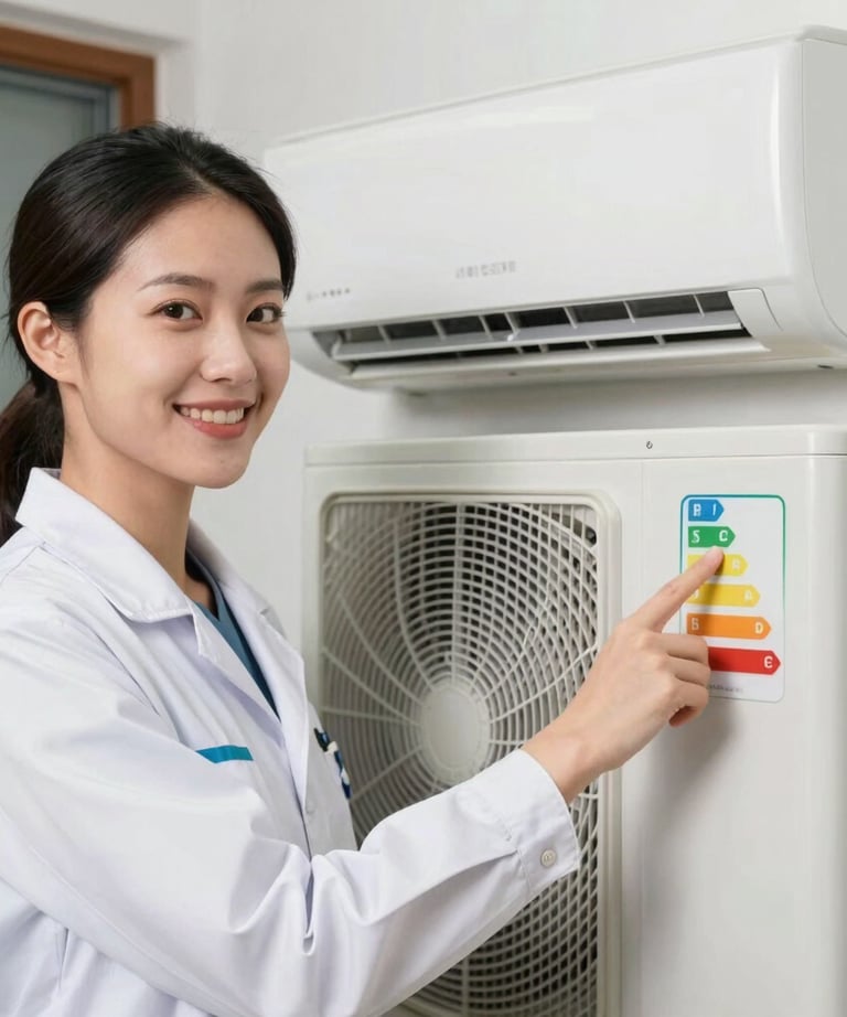 A friendly female technician smiling while pointing to an energy star efficiency tag on a brand new residential AC system, professional and trustworthy.