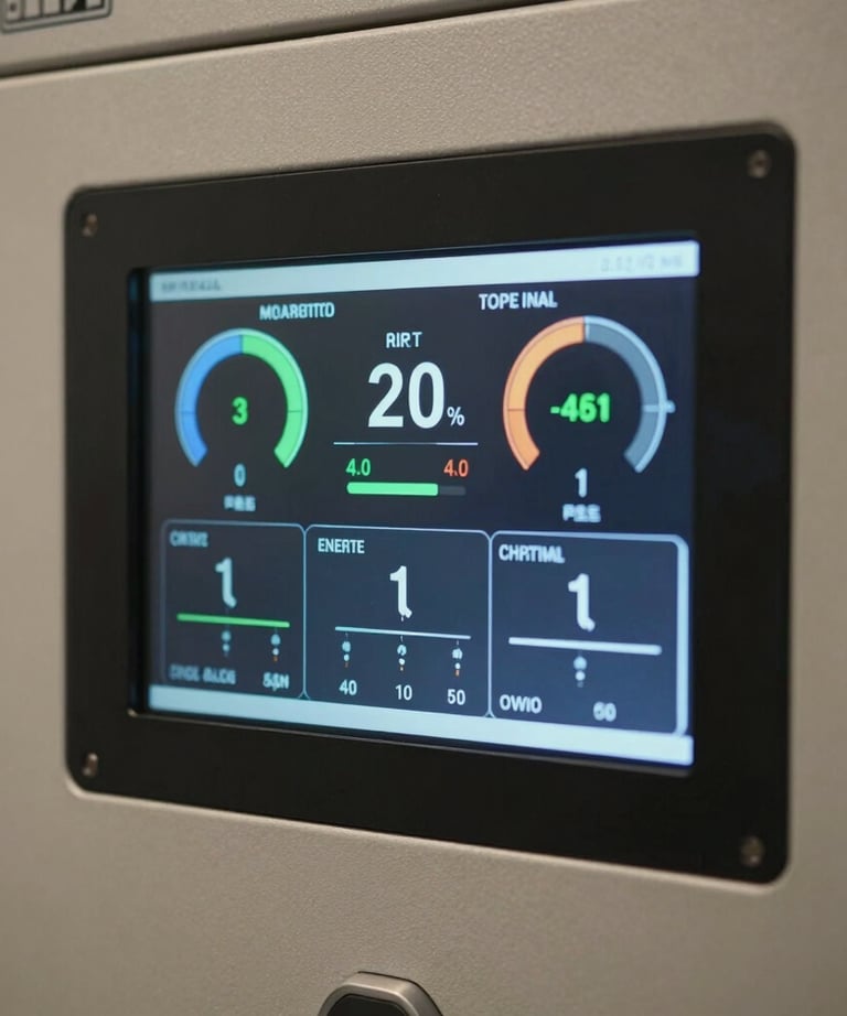 A close-up shot of an advanced commercial digital wall control panel displaying real-time cooling metrics, optimal indoor humidity, and energy-saving modes.