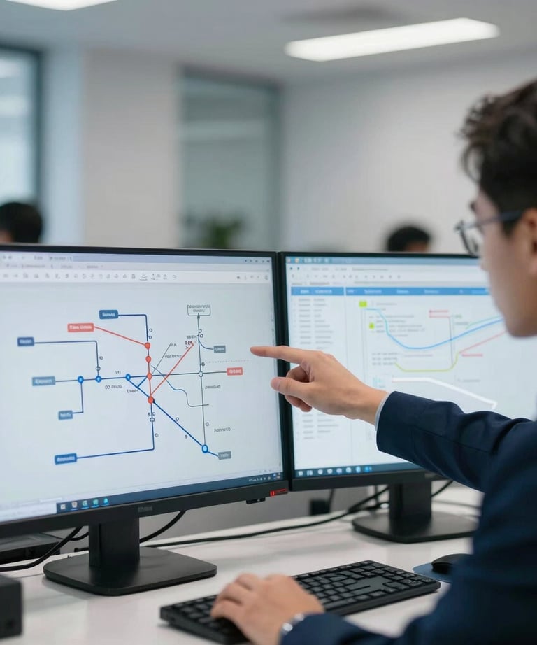 A professional dispatch manager arranging service routes on dual monitor screens in a clean, modern commercial office with blue tone accents.
