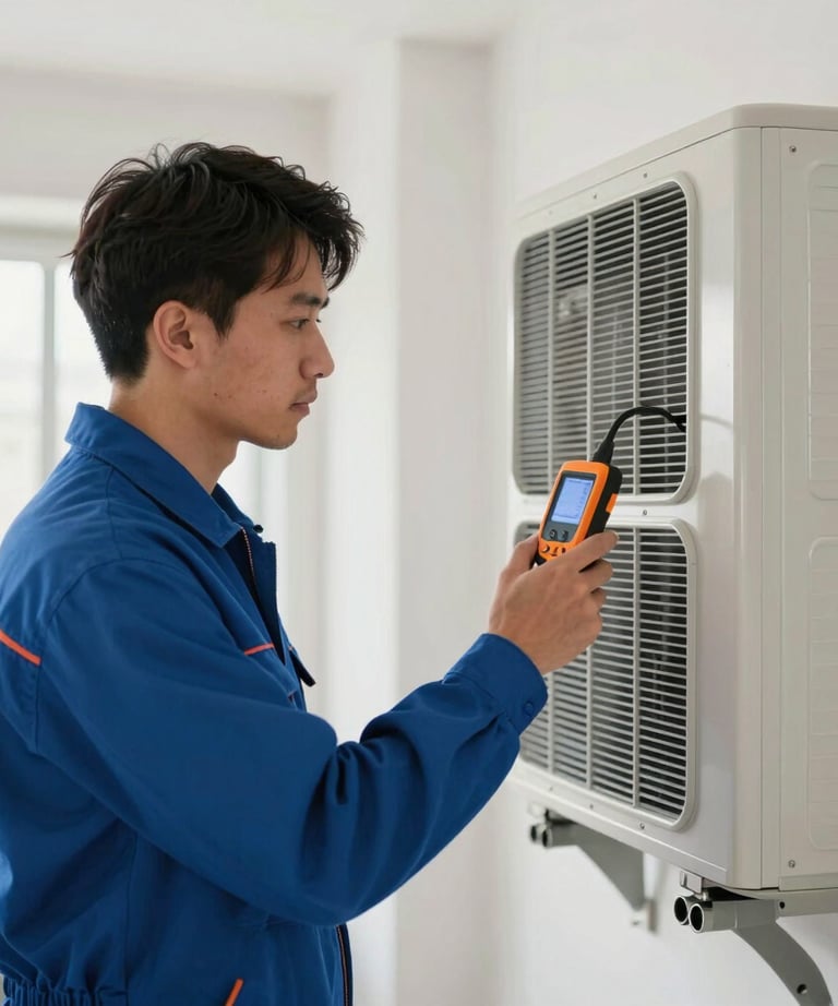 A clean-cut HVAC technician wearing a blue uniform inspecting an indoor air handler in a clean domestic utility room, holding a digital sensor.