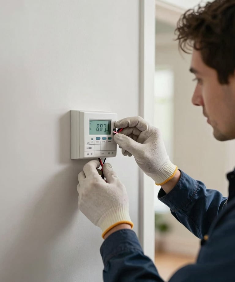 An HVAC installation expert in clean gloves wiring a digital smart climate wall thermostat in a residential North American house.