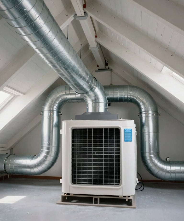 A pristine attic space showing high quality insulated cooling air ducts connected perfectly to a modern central cooling unit in a North American residence.