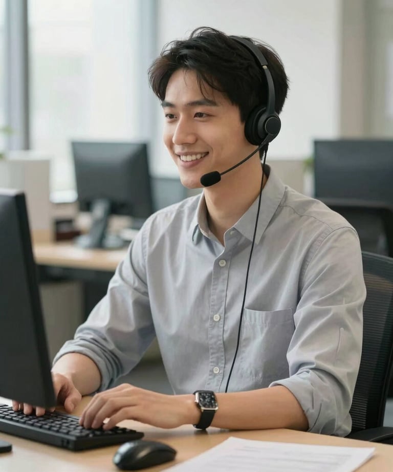 A helpful customer service representative sitting at a bright, tidy office desk wearing a telephone headset, smiling warmly, representing reliable support.
