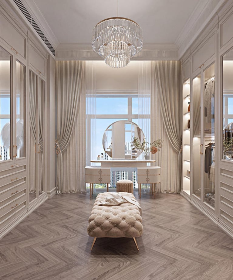 wardrobe design with elegant finishes, custom storage layouts, and tailored proportions