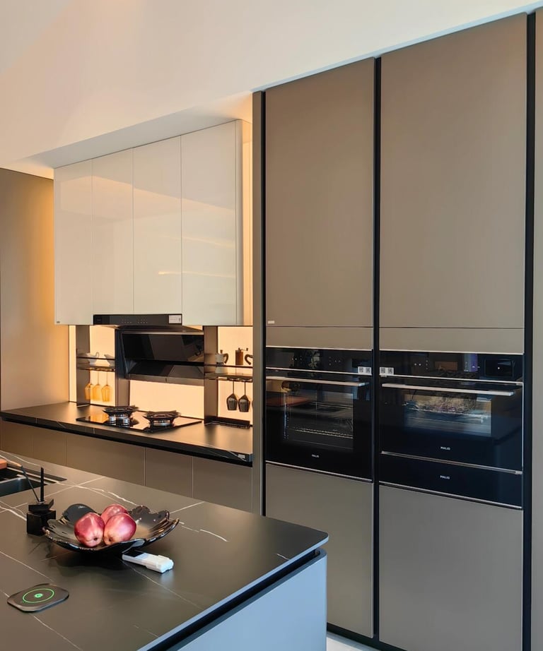 A balanced modern kitchen style combining visual depth and practical storage planning.