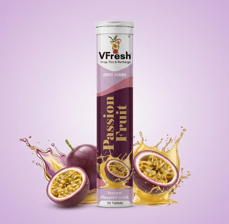 VFresh passion fruit effervescent tablets tube with fresh fruit slices and liquid splashes.