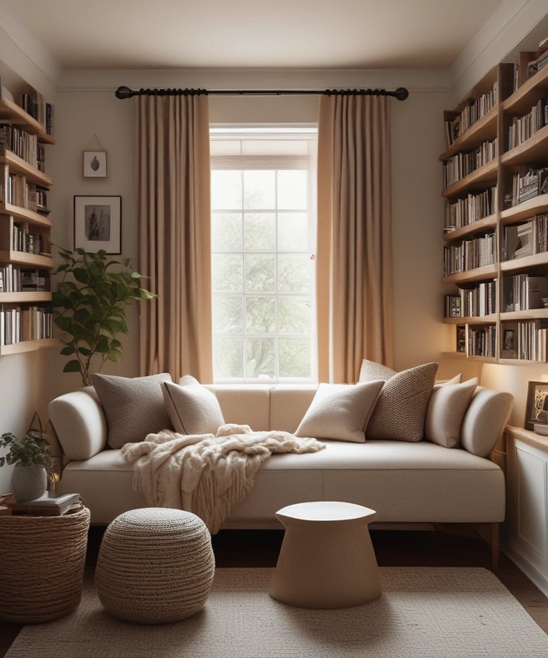 A beautifully styled reading nook featuring a comfy chair, layered textiles, and a small side table with a plant.