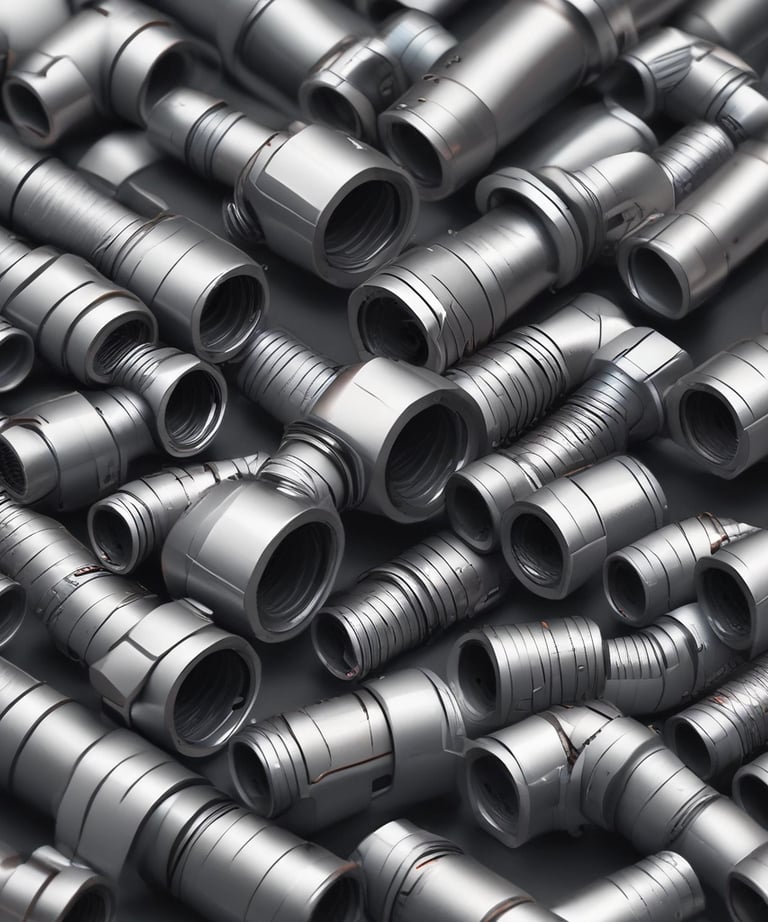 Rows of shiny hydraulic fittings neatly organized on industrial shelves.