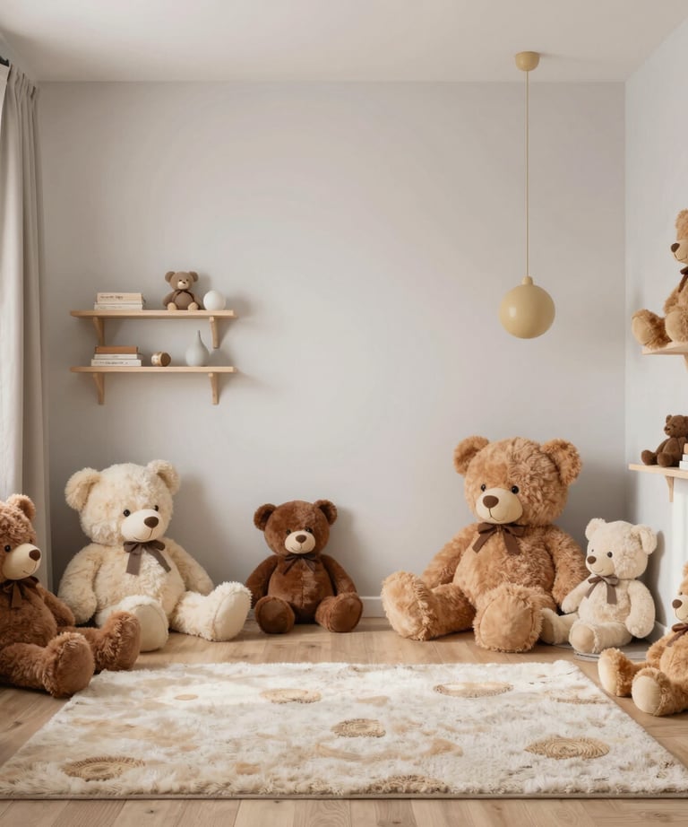 Close-up of pastel-colored wooden toys arranged neatly on a light wooden surface.