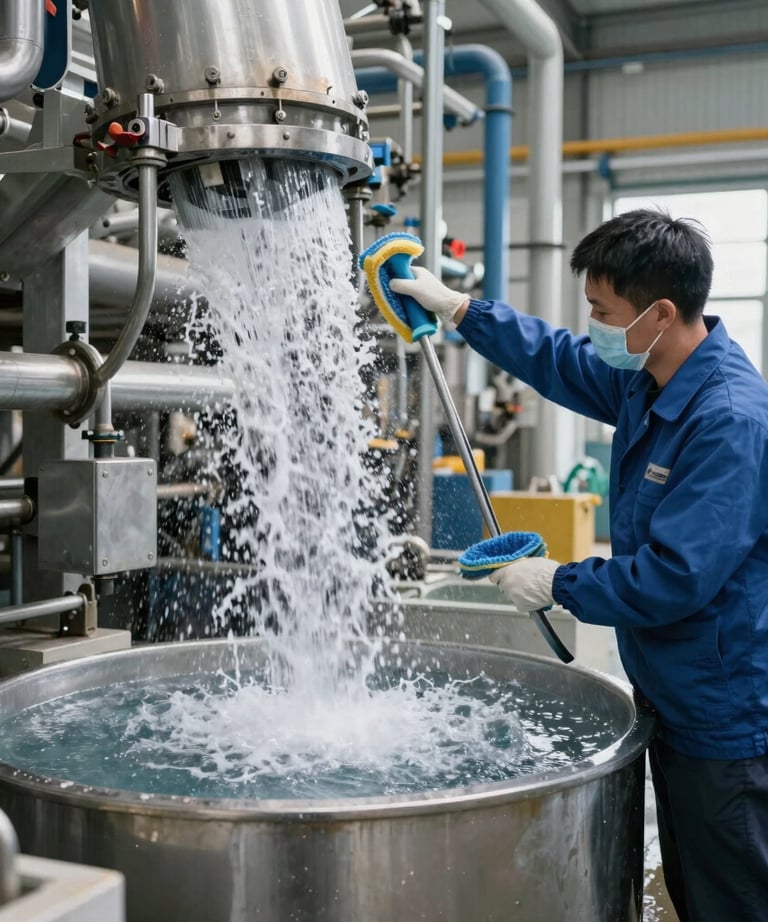Technician carefully inspecting a hydraulic filter with cleaning tools on a bright workshop bench