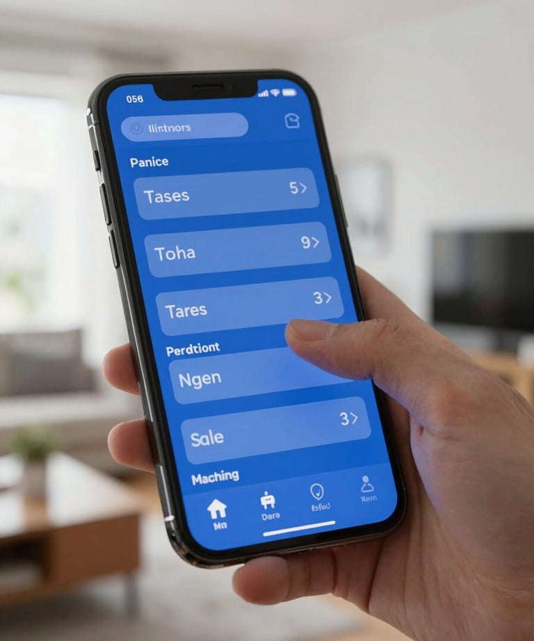 A close-up of a high-resolution smartphone screen in a bright, modern North American apartment. A thumb is navigating a smooth, blue-themed menu. Professional lighting.