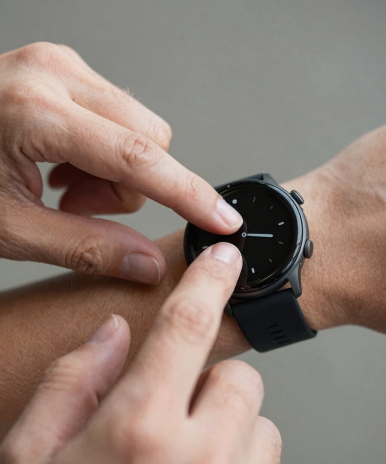 A detailed shot of a person's fingers tapping on an Android smartwatch. The style is clean and professional, reflecting an approachable and rewarding technology experience.