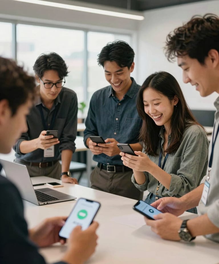 A candid portrait of a professional design team collaborating in a bright, modern North American workspace. They are looking at Android devices, laughing, and working together in an approachable atmosphere.