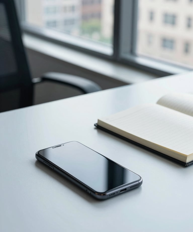 A minimalist workspace with an Android phone and a notebook on a pale blue desk. The lighting is soft and natural, coming from a large window in a US urban office. Clean and professional style.