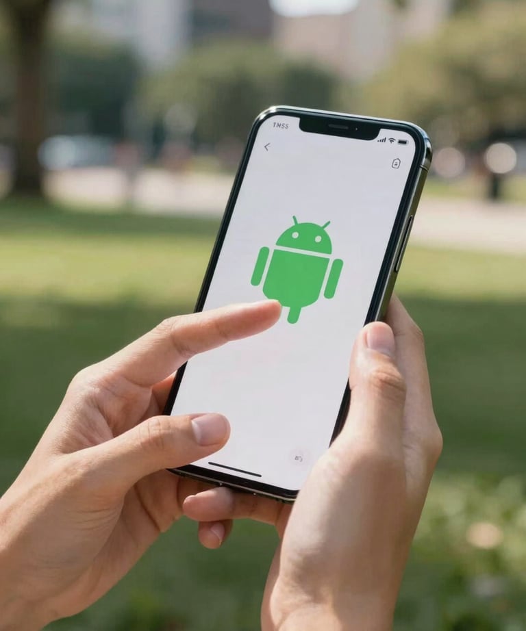 A close-up of a person's hands comfortably navigating an Android application in a sunny, North American urban park. The focus is on the ease of use and the professional, high-quality device.