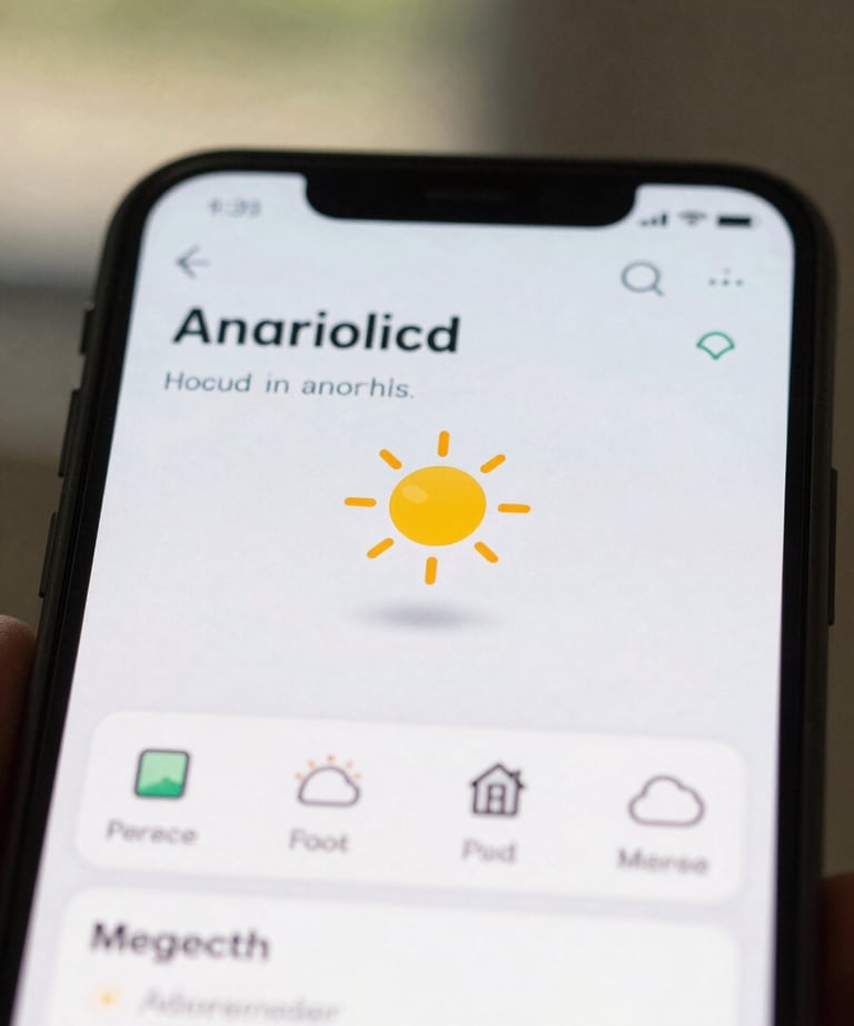 A close-up photograph of an Android device screen showing a clean, modern weather application. The lighting is bright and airy, in a North American setting, emphasizing approachable design.