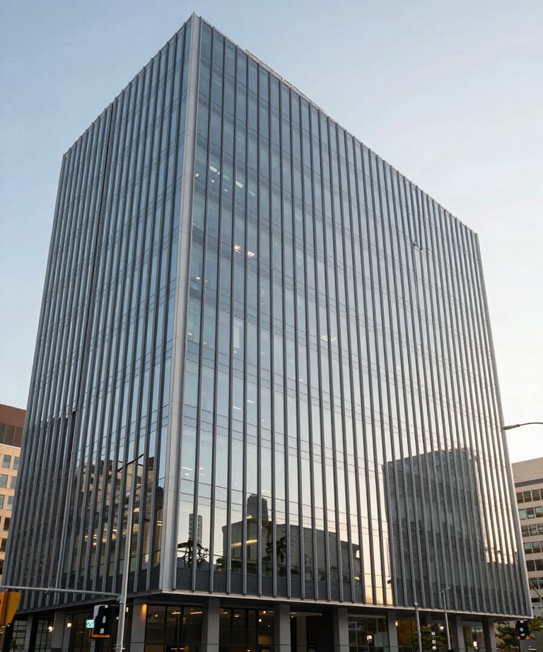 A landscape photograph of a modern, glass-walled office building in North America during a bright morning. The atmosphere is professional, efficient, and innovative.