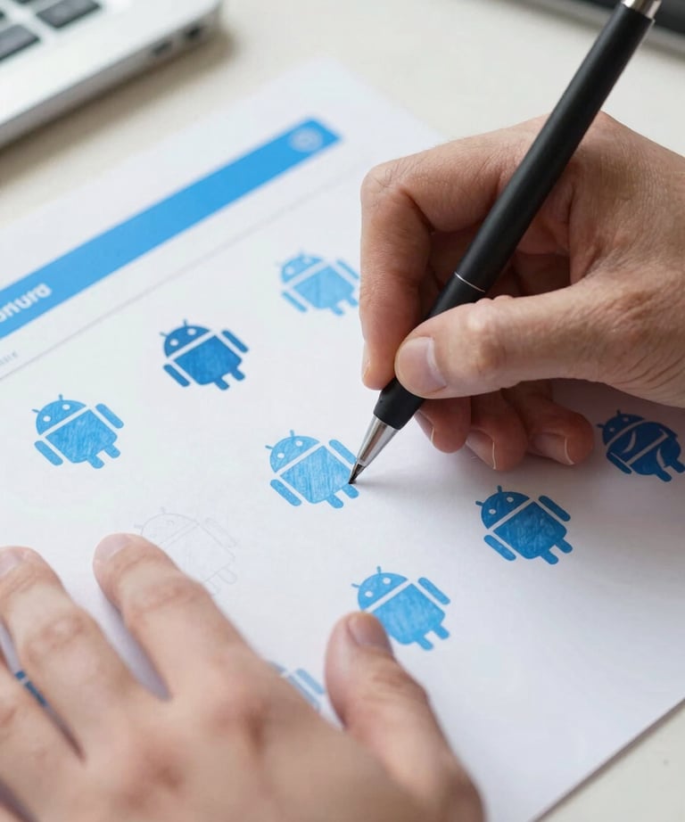 A macro shot of professional designer's hands sketching Android interface icons. The palette is bright and fresh with blue and white tones. North American studio setting.