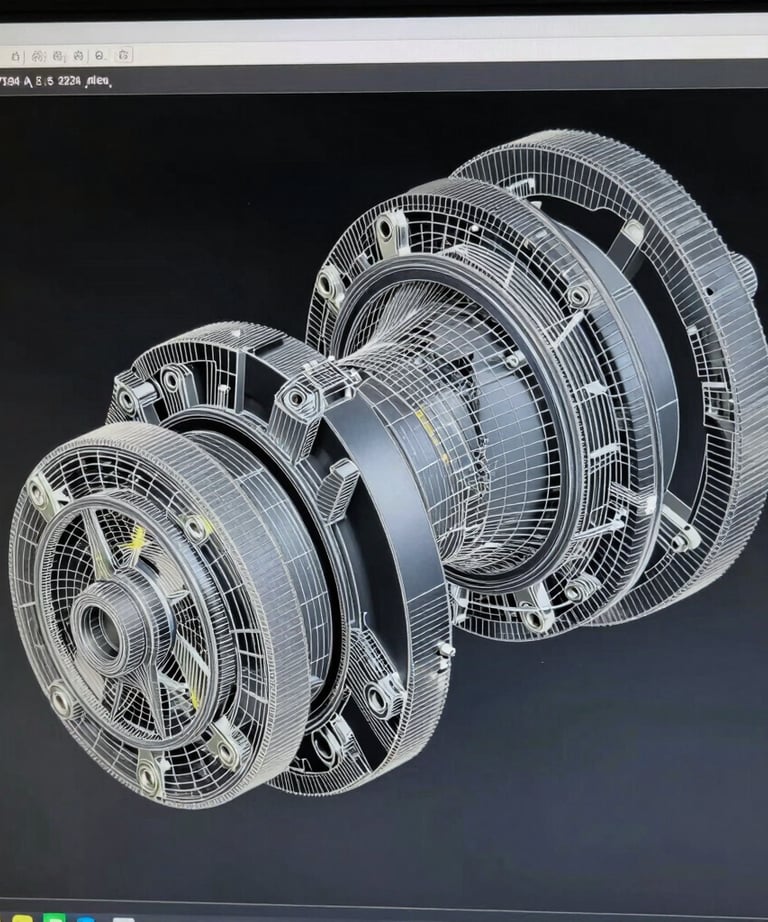 A detailed 3D mesh model of a complex mechanical part on a computer screen, showing the wireframe structure in a dark CAD environment.