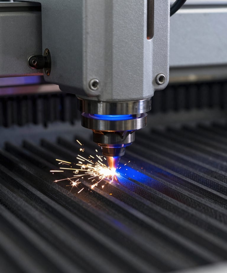 A high-contrast macro shot of a laser cutting head in a fabrication lab, with sparks and a blue glow. The focus is on the precision and technical nature of the process.