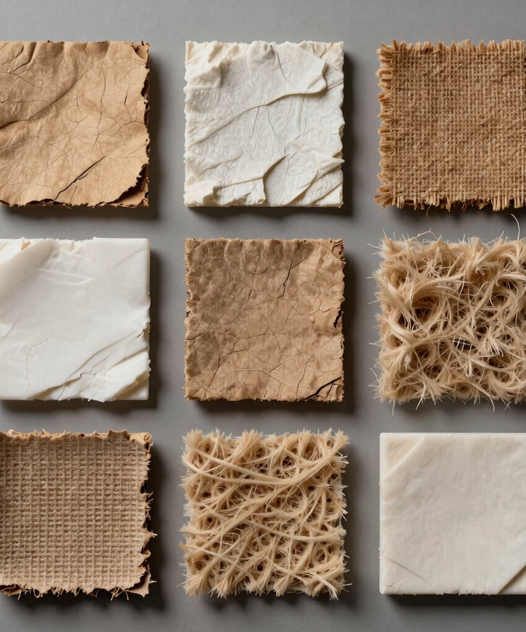 A collection of sustainable material samples—recycled pulp, bioplastics, and compressed fiber—arranged in a neat grid for study. Neutral studio lighting.