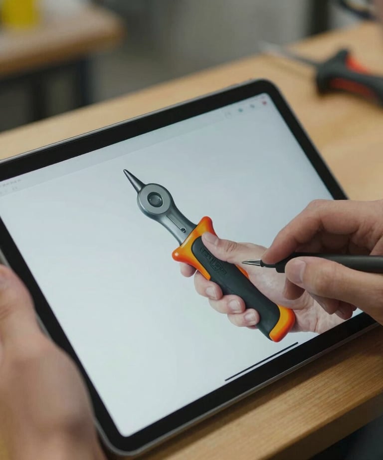 A detailed ergonomic heat map shown on a tablet screen, analyzing the grip pressure of a hand on a tool. The tablet is held in a professional workshop.