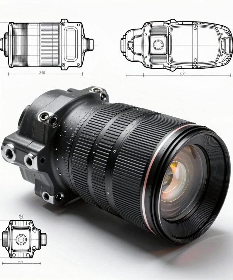 A technical schematic drawing of an automotive part, showing different orthographic views with dimension lines. High-contrast engineering style.