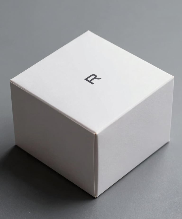 A professional high-quality photo of a sleek, white packaging box for a high-end tech product, featuring minimalist black typography. Soft shadows on a gray surface.