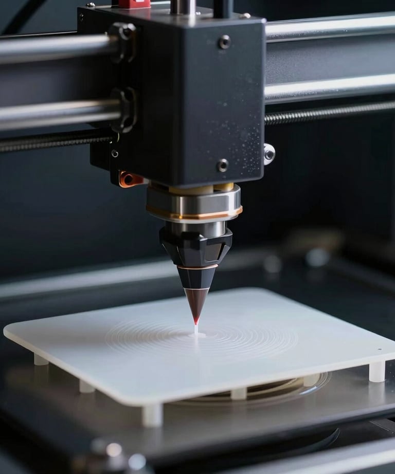 A close-up of a 3D printer nozzle extruding a precise white plastic layer. The background is a dark, clean engineering lab.