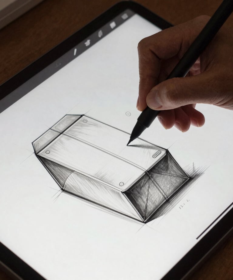A designer drawing technical sketches with a digital stylus on a large creative tablet. The sketch shows the cross-section of a packaging structure.