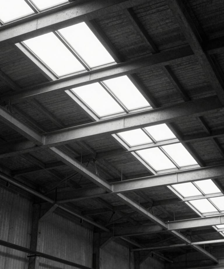 A minimal black and white photo of an industrial warehouse in Germany, focusing on the geometric patterns of the ceiling structure and natural light.