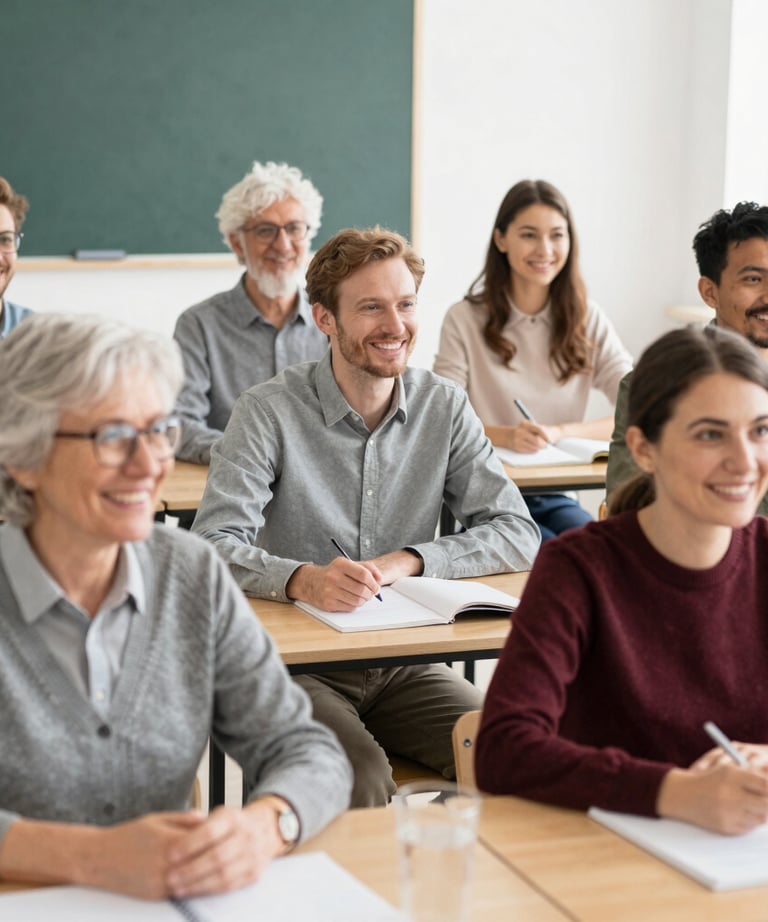 Classroom scene with diverse students engaged in a language lesson.