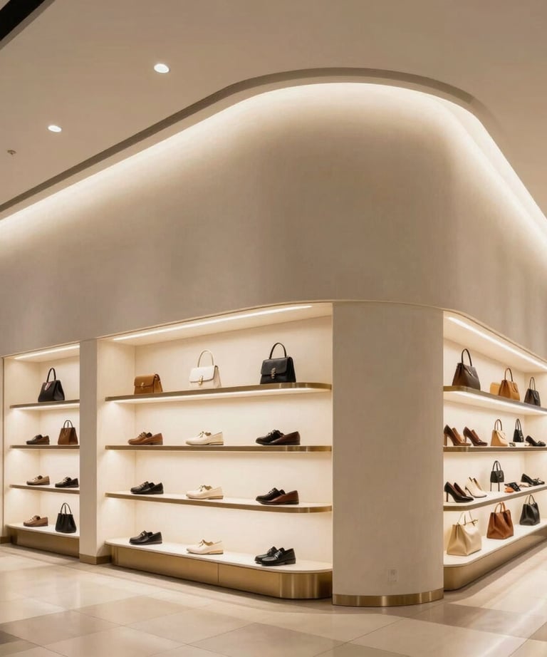 Architectural photography of a retail store with curved drywall displays. Soft cream lighting, modern and upscale atmosphere in a Brazilian mall.